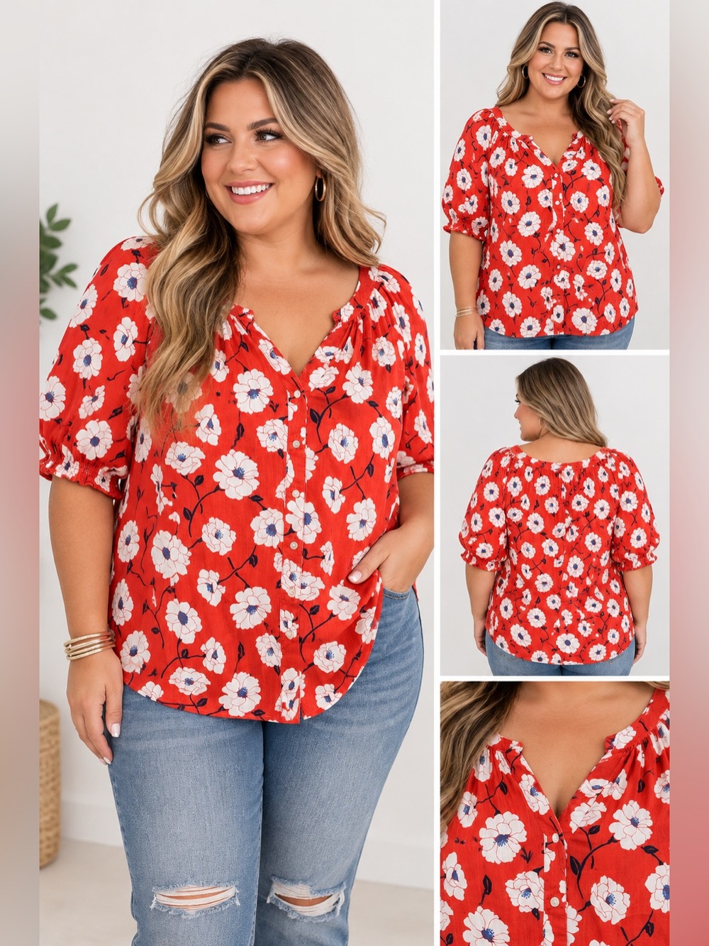 St. John’s Bay Women's Red Floral Print Short Sleeve V-Neck Blouse Size XXL